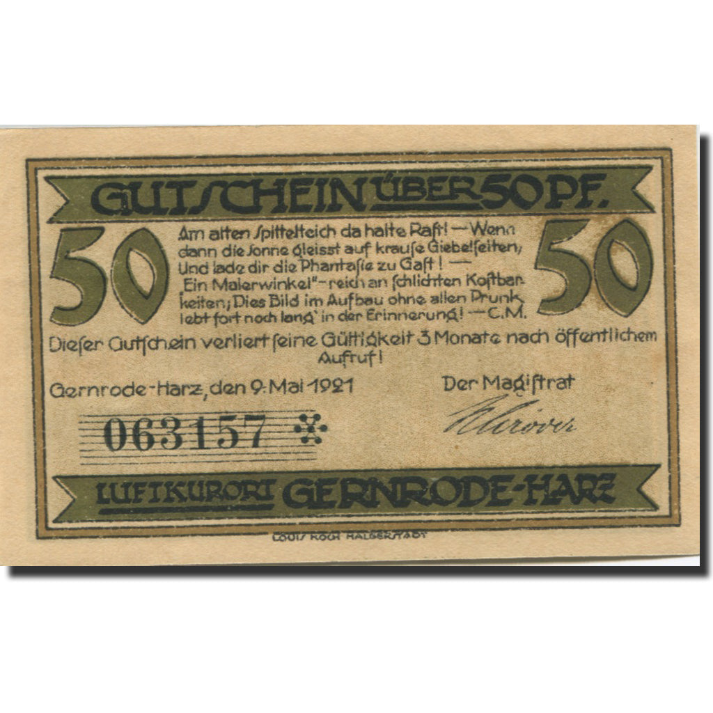 Banknote, Germany, Gernrode-Harz, 50 Pfennig, village, 1921 UNC(63) Mehl:423.1a