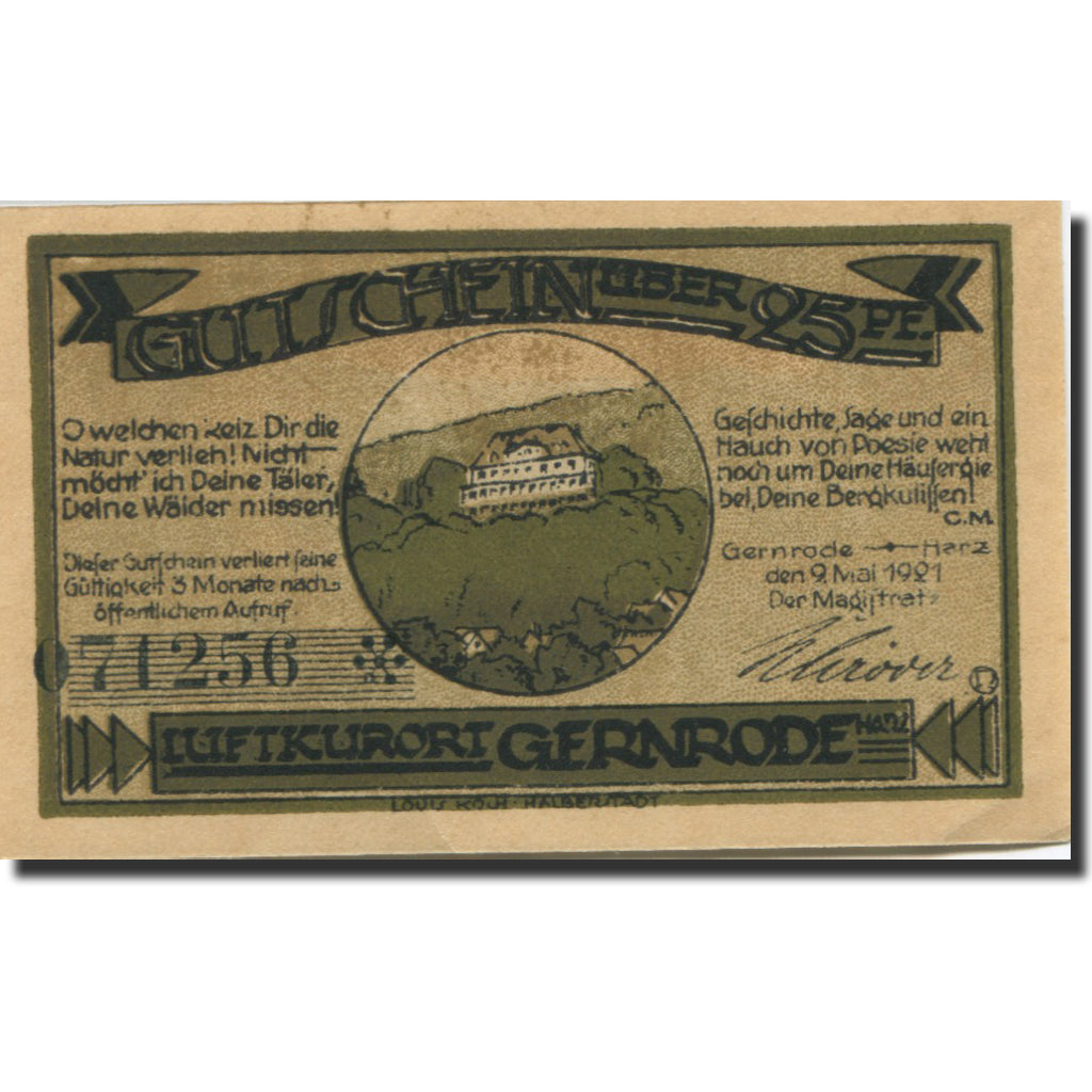 Banconote, Germania, Gernrode-Harz, 25 Pfennig, village 1, 1921 SPL Mehl:423.1a