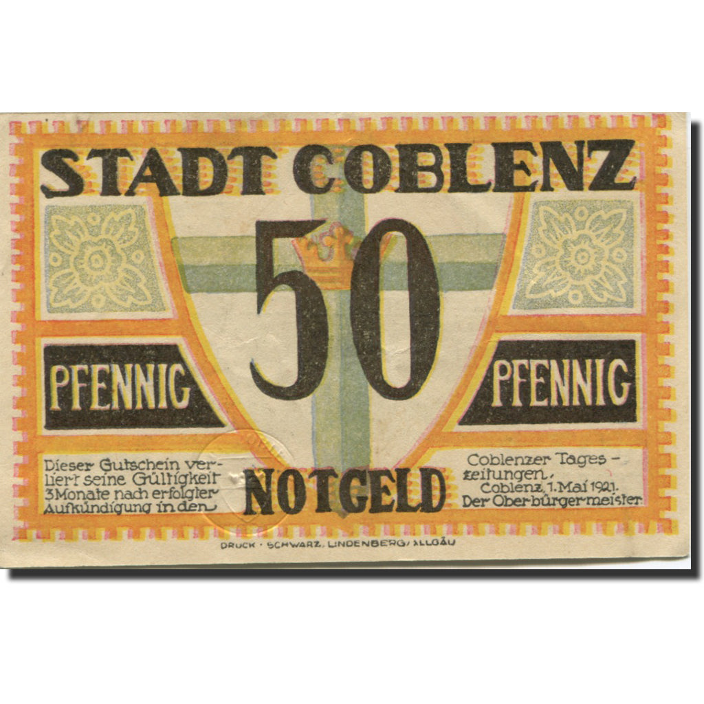 Banknote, Germany, Coblenz, 50 Pfennig, château, 1921, AU(55-58) Mehl:233.1a