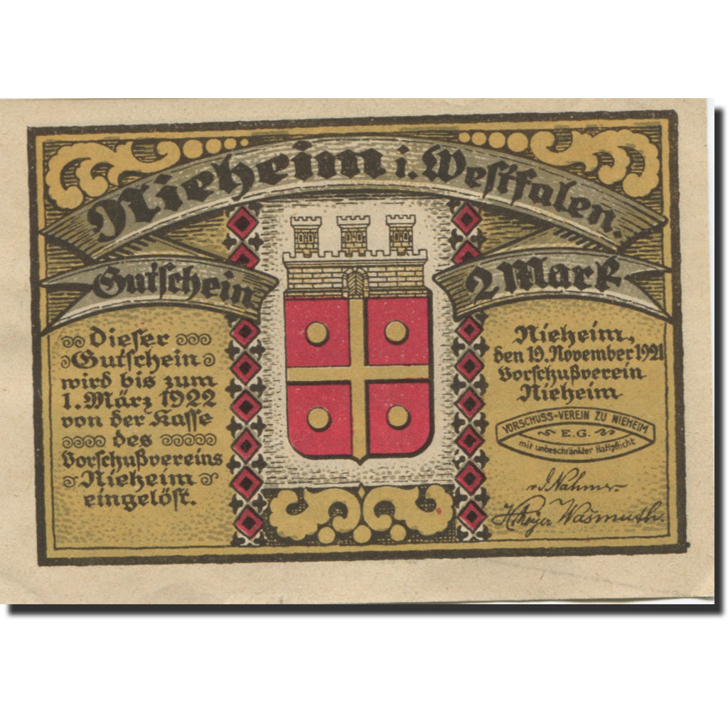 Banknote, Germany, Nieheim, 2 Mark, Blason, 1922 UNC(63) Mehl:972.1