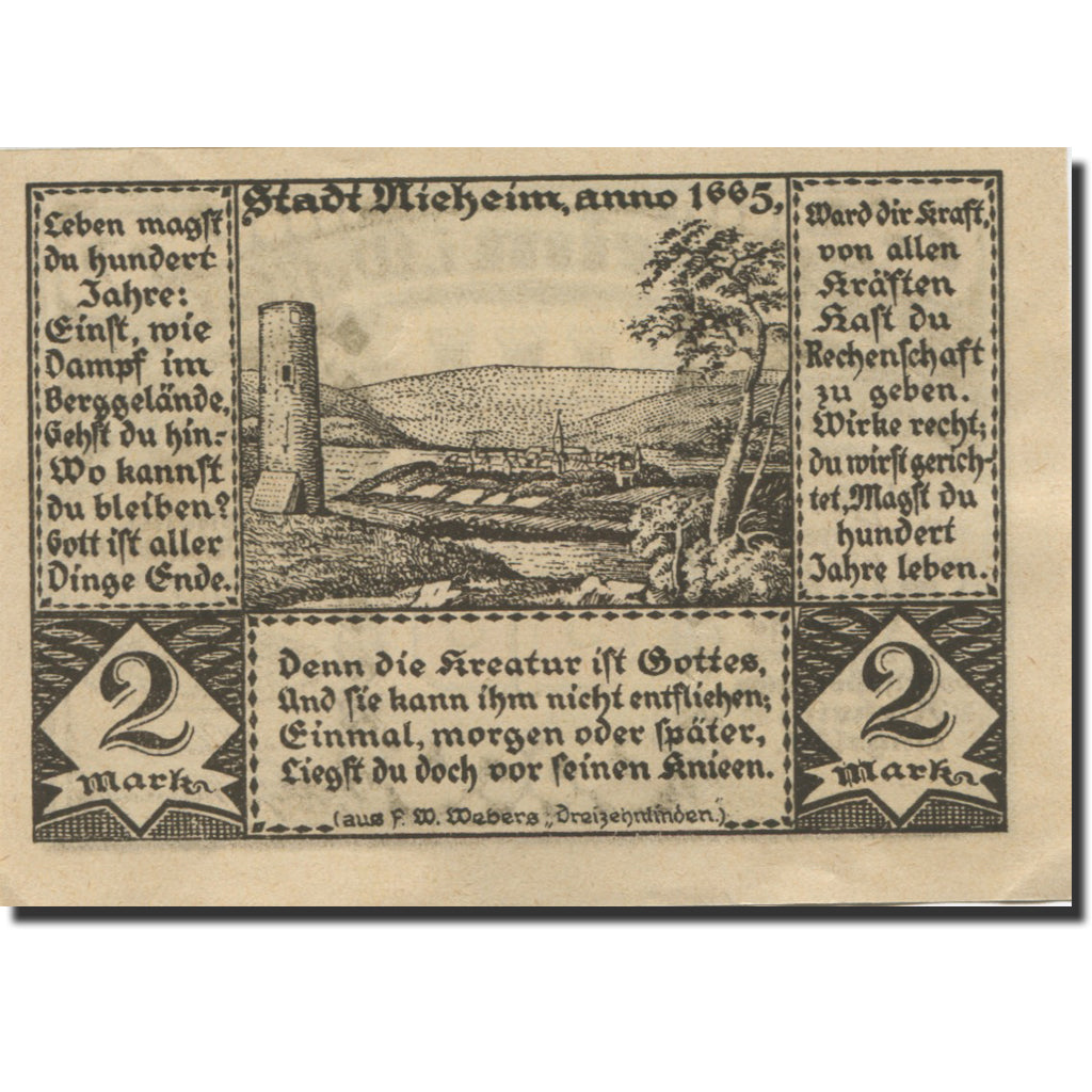 Banknote, Germany, Nieheim, 2 Mark, Blason, 1922 UNC(63) Mehl:972.1