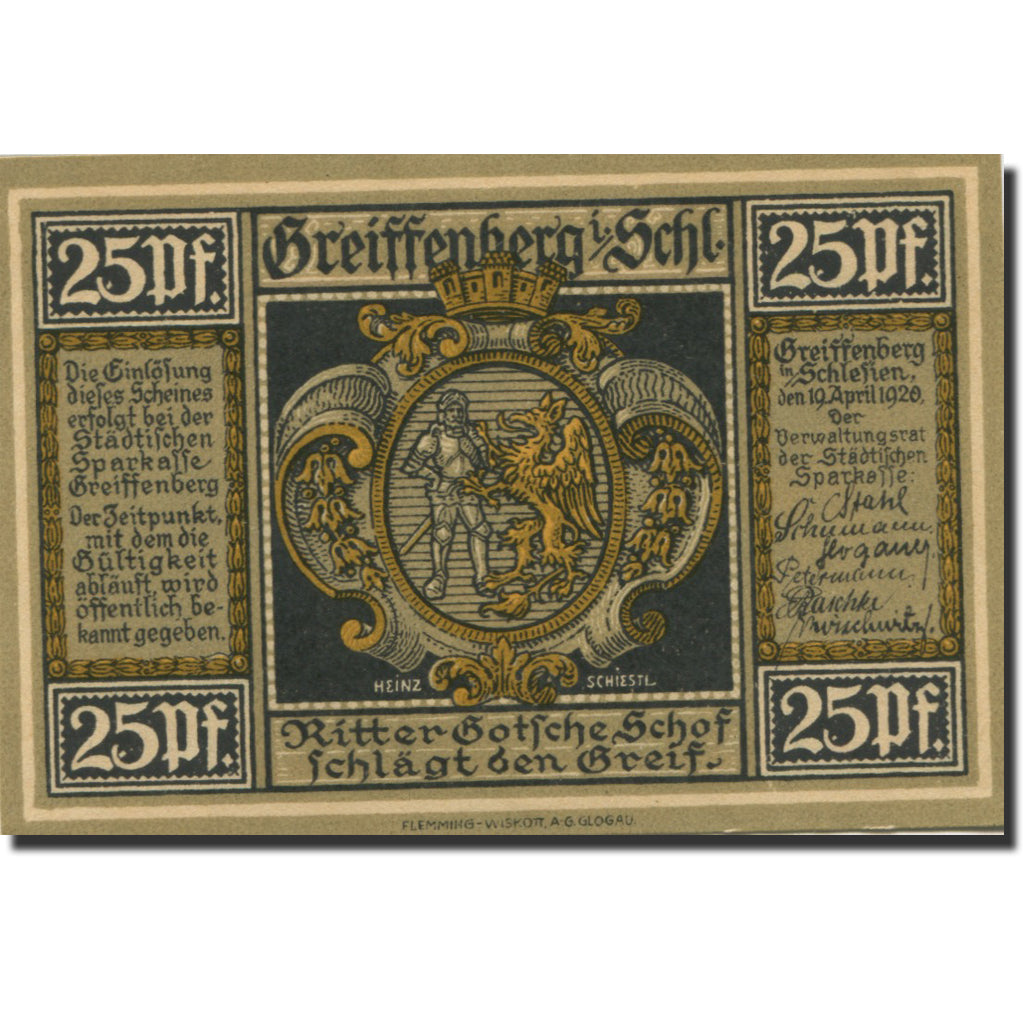 Banknote, Germany, Greiffenberg, 25 Pfennig, personnage, 1920 UNC(63) Mehl:470.1