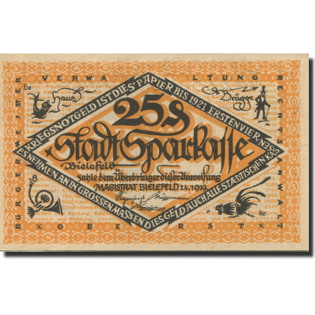 Banknote, Germany, Bielefeld, 25 Pfennig, personnage 1, 1919 UNC(63) Mehl:B44.1d