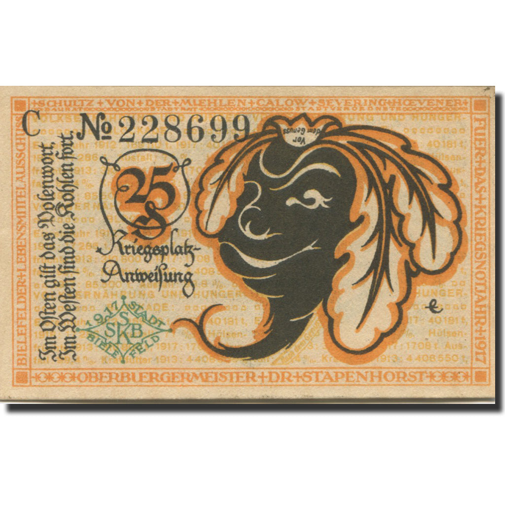 Banknote, Germany, Bielefeld, 25 Pfennig, personnage 1, 1919 UNC(63) Mehl:B44.1d