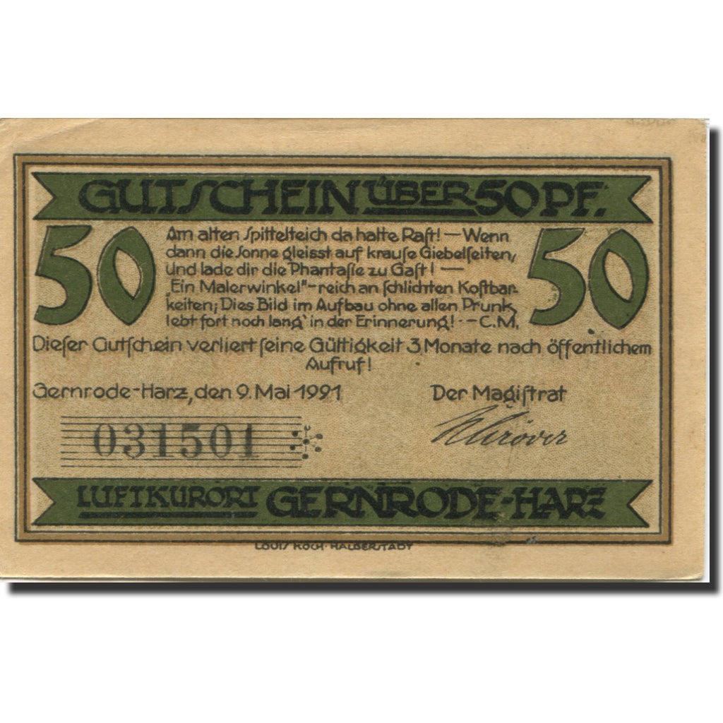 Banconote, Germania, Gernode-Harz, 50 Pfennig, village, 1920 SPL- Mehl:423.2a