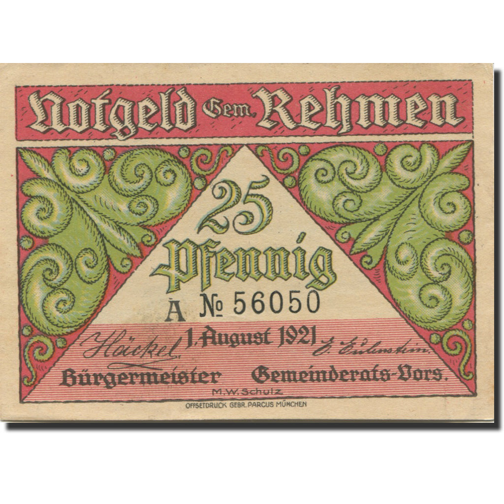 Banknote, Germany, Rehmen, 25 Pfennig, rocher, 1921 AU(55-58) Mehl:1108.1