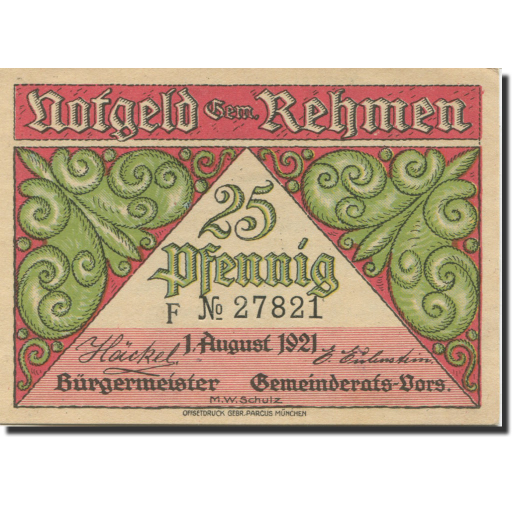 Banknote, Germany, Rehmen, 25 Pfennig, lac, 1921 UNC(63) Mehl:1108.1