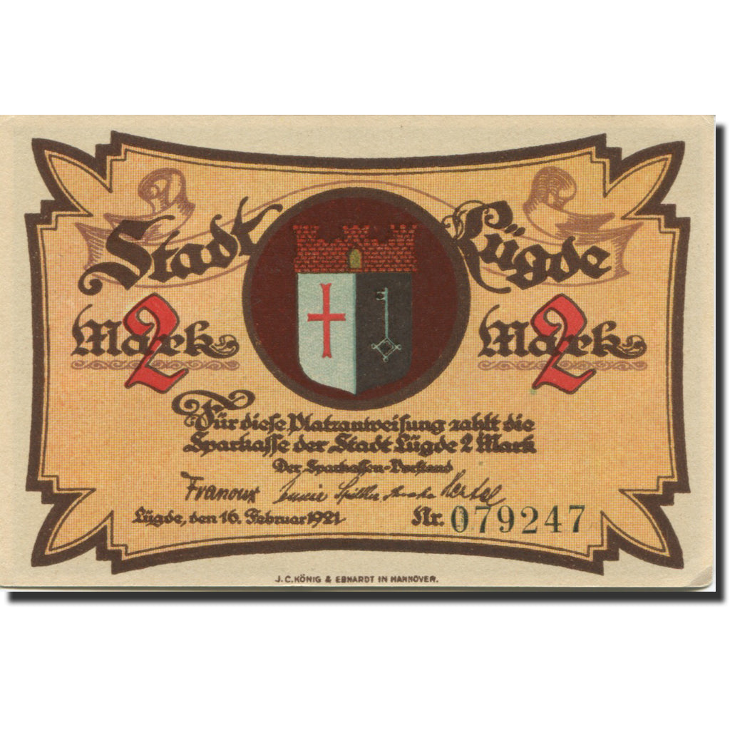 Banknote, Germany, Lügde, 2 Mark, Blason, 1921, 1921-02-16, UNC(63), Mehl:838.1