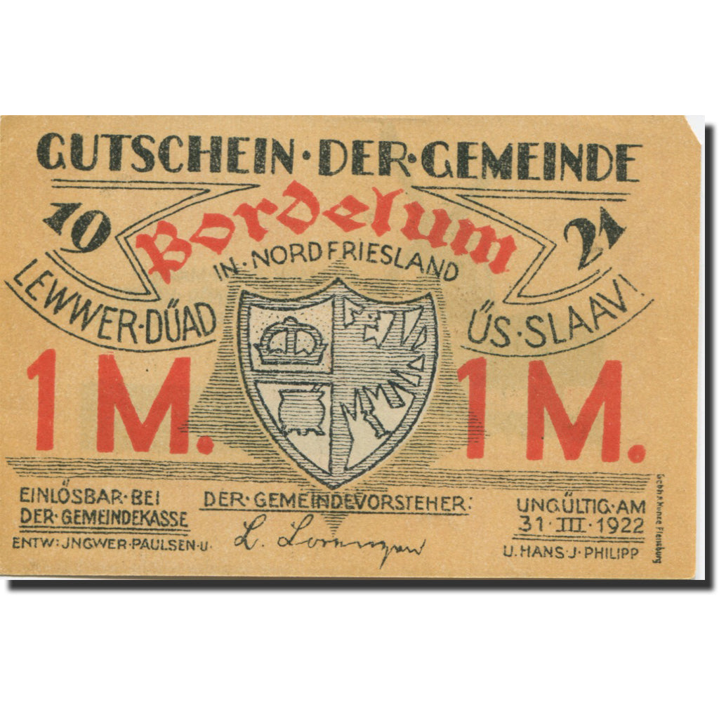 Banknote, Germany, Bordelum, 1 Mark, Blason, 1922, AU(55-58) Mehl:143.1