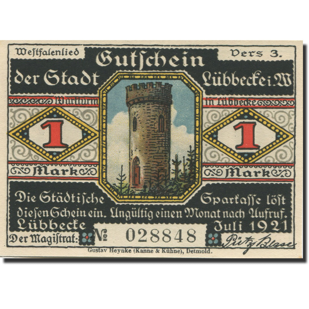 Banknote, Germany, Lübbecke, 1 Mark, tour, 1921, UNC(63), Mehl:812.2