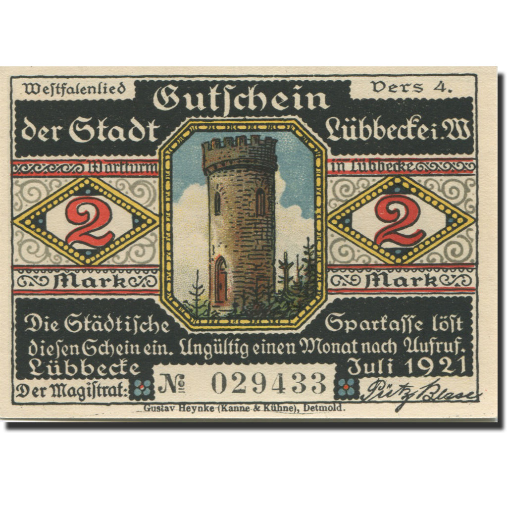 Banknote, Germany, Lübbecke, 2 Mark, tour 1, 1921, UNC(63), Mehl:812.2