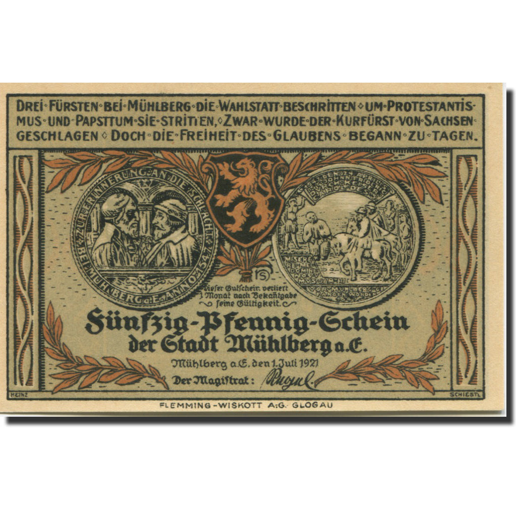 Banknote, Germany, Mühlberg, 50 Pfennig, Blason, 1921 UNC(63) Mehl:903.1