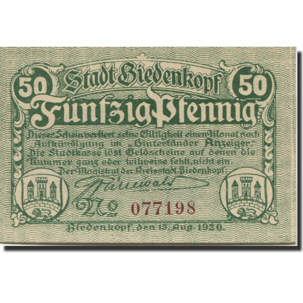 Banknote, Germany, Biedenkopf, 50 Pfennig, château, UNC(63), Mehl:B43.1c