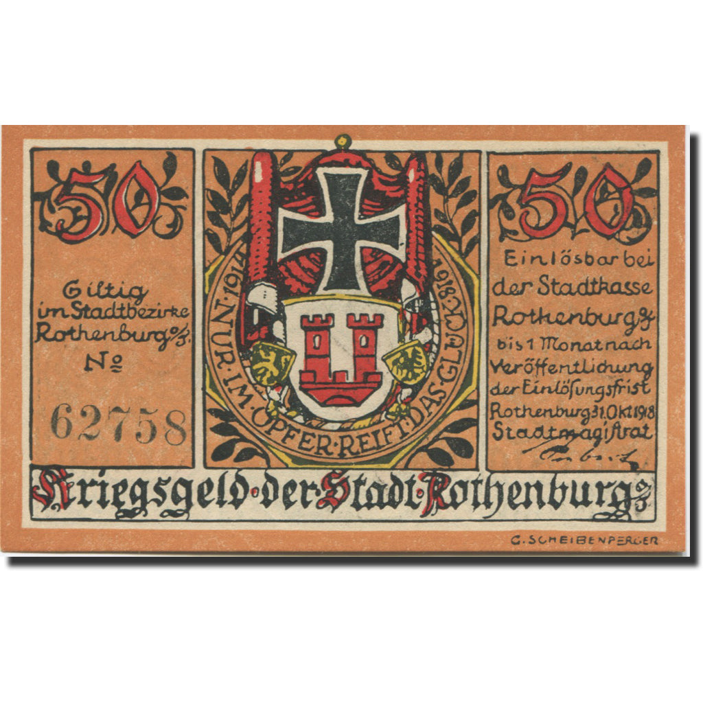 Banconote, Germania, Rothenburg, 50 Pfennig, Blason 1918-10-30, SPL Mehl:R48.2