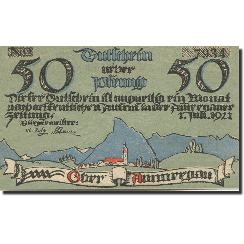 Banknote, Germany, Ober-Ammergau, 50 Pfennig, Eglise, 1921, UNC(63), Mehl:992.2a