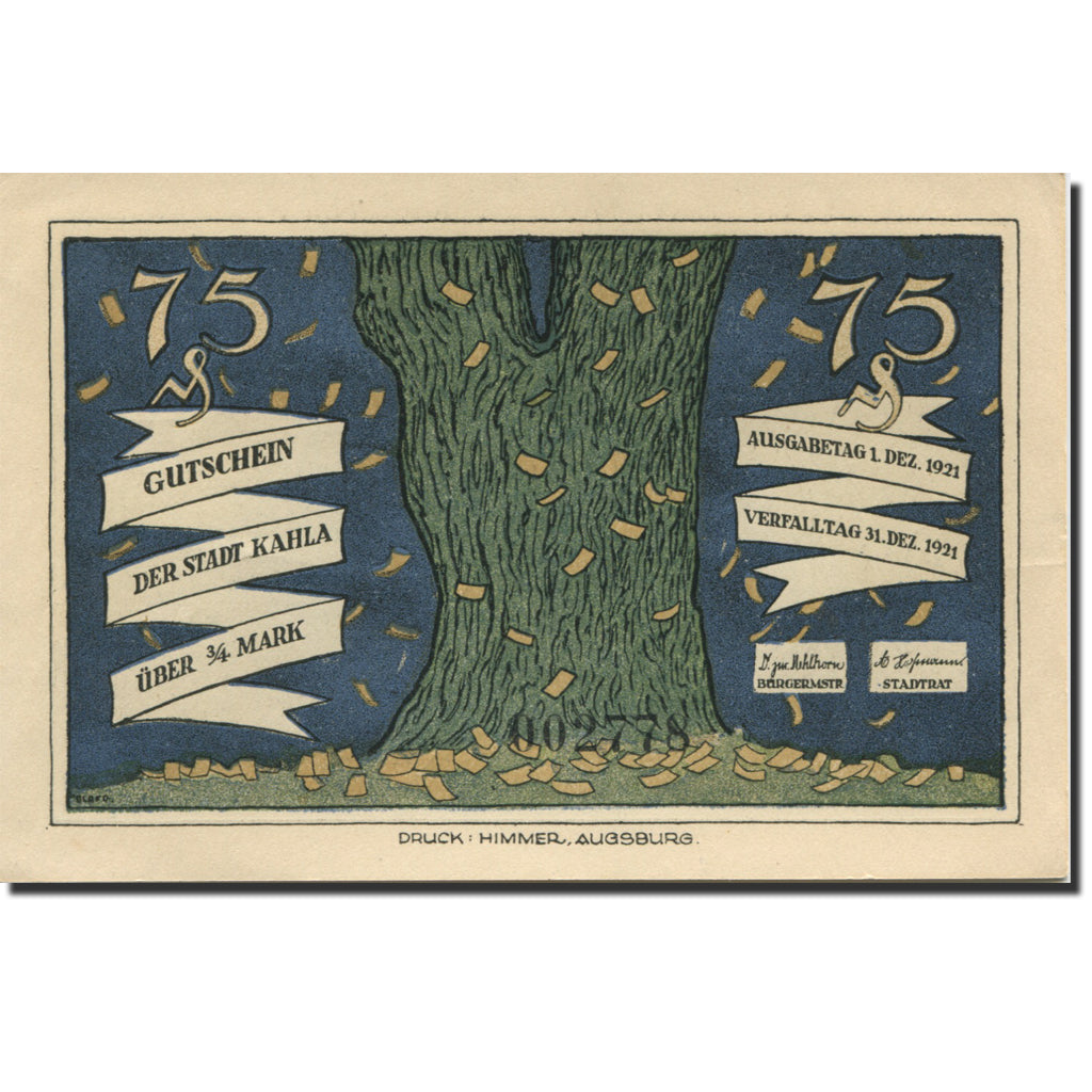 Banknote, Germany, Kahla, 75 Pfennig, arbre, 1921 UNC(63) Mehl:668.10a