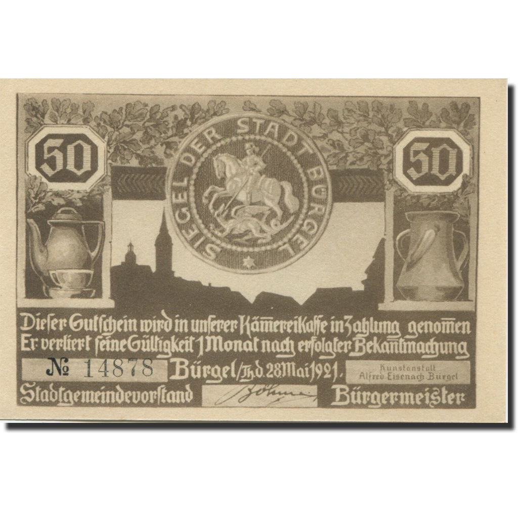 Banknote, Germany, Bürgel, 50 Pfennig, personnage, 1921 UNC(63) Mehl:201.1a