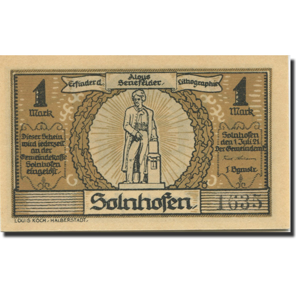 Geldschein, Deutschland, Solnhofen, 1 Mark, personnage, 1921 UNZ- Mehl:1236.1a