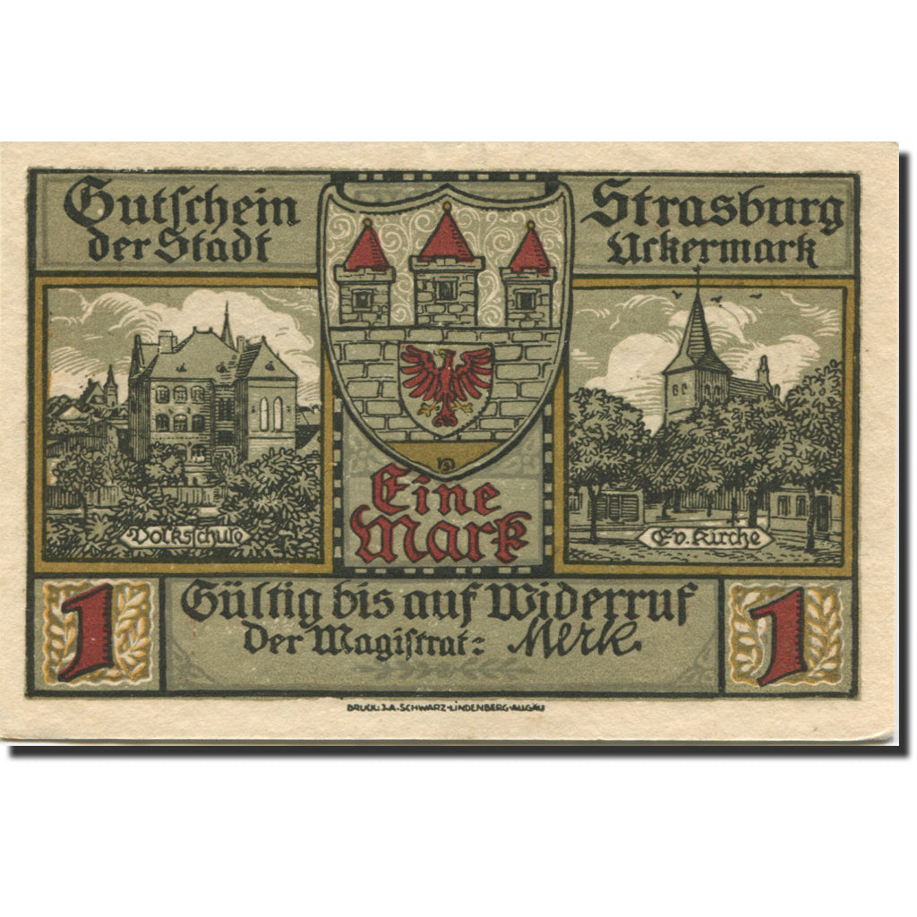 Banknote, Germany, Strasburg, 1 Mark, château, 1921, UNC(63), Mehl:1280.1a
