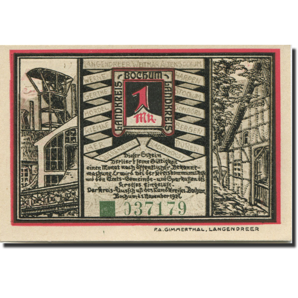 Banconote, Germania, Bochum, 1 Mark, Usine, 1921, 1921-11-01, SPL, Mehl:127.1
