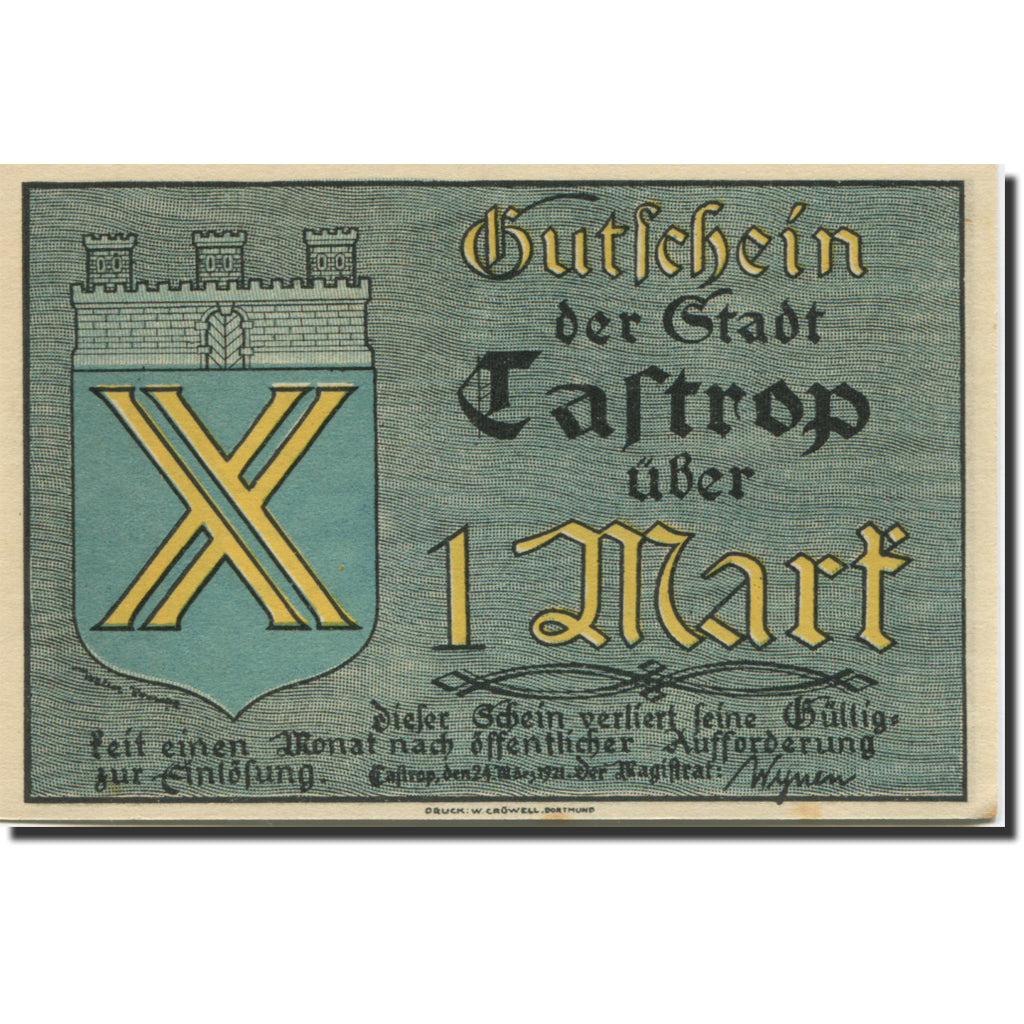 Banknote, Germany, Castrop, 1 Mark, Blason, 1921 UNC(63) Mehl:223.1