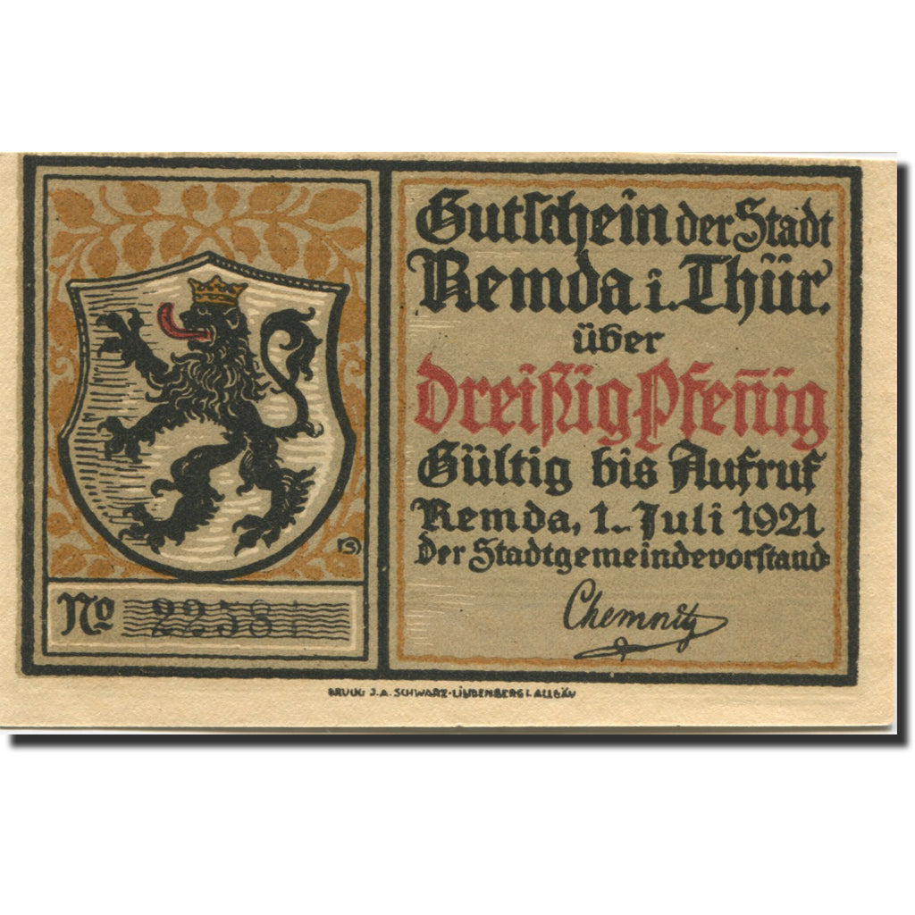 Banknote, Germany, Remda, 30 Pfennig, village, 1921 UNC(63) Mehl:1115.1