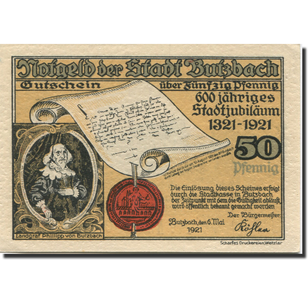 Banknote, Germany, Butzbach, 50 Pfennig, rue, 1921 UNC(63) Mehl:212.1