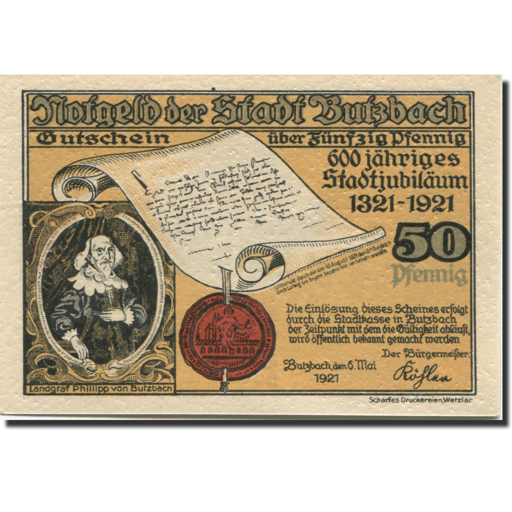 Banconote, Germania, Butzbach, 50 Pfennig, caserne, 1921 SPL Mehl:212.1