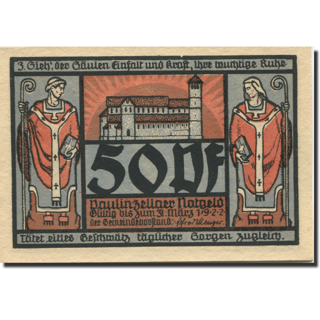 Banknote, Germany, Paulinzella, 50 Pfennig, monastère, 1922 UNC(63) Mehl:1053.1