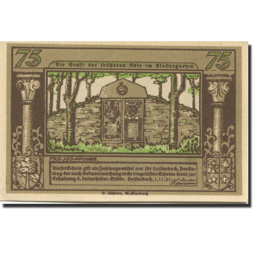 Banknote, Germany, Heisterbach, 75 Pfennig, Monument, 1921 UNC(63) Mehl:593.2