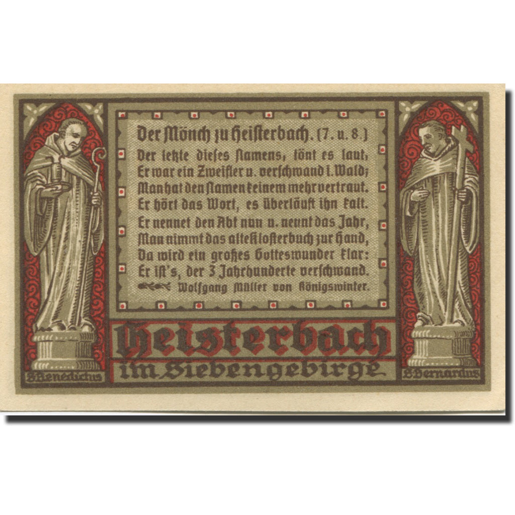 Banknote, Germany, Heisterbach, 75 Pfennig, Monument, 1921 UNC(63) Mehl:593.2