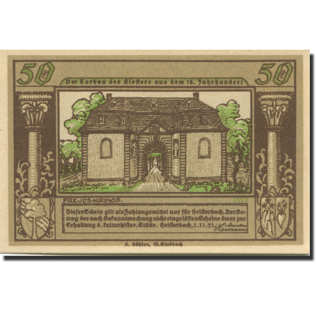 Banknote, Germany, Heisterbach, 50 Pfennig, château, 1921 UNC(63) Mehl:593.2