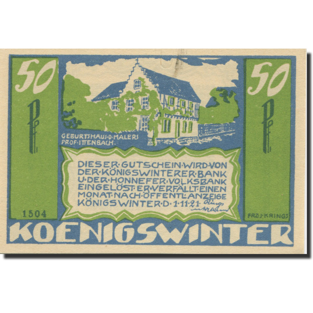 Banknote, Germany, Königswinter, 50 Pfennig, Maison, 1921 UNC(63) Mehl:730.2