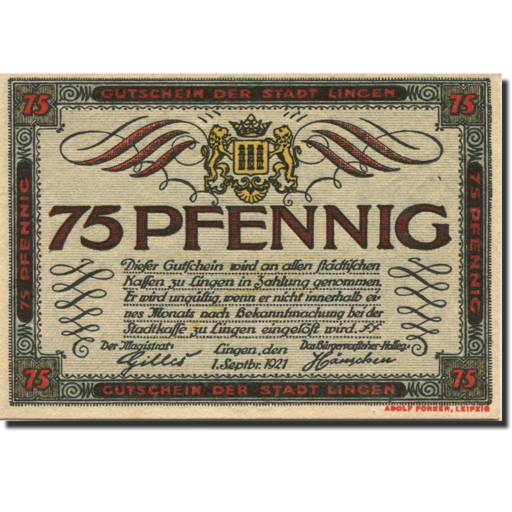 Banknote, Germany, Lingen, 75 Pfennig, Blason, 1921 UNC(63) Mehl:803.3