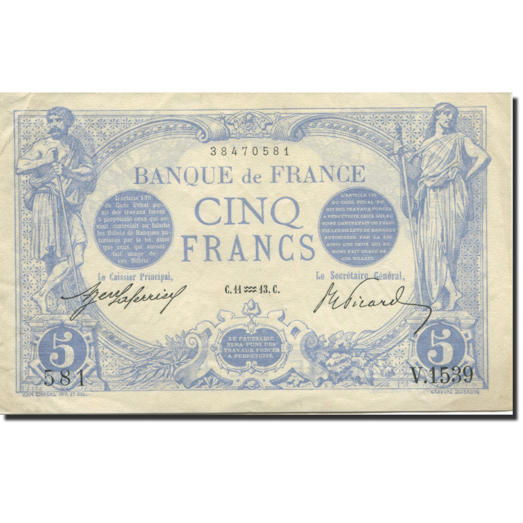 França, 5 Francs, Bleu, 1905, 1913-01-11, AU(55-58), Fayette:2.13, KM:70