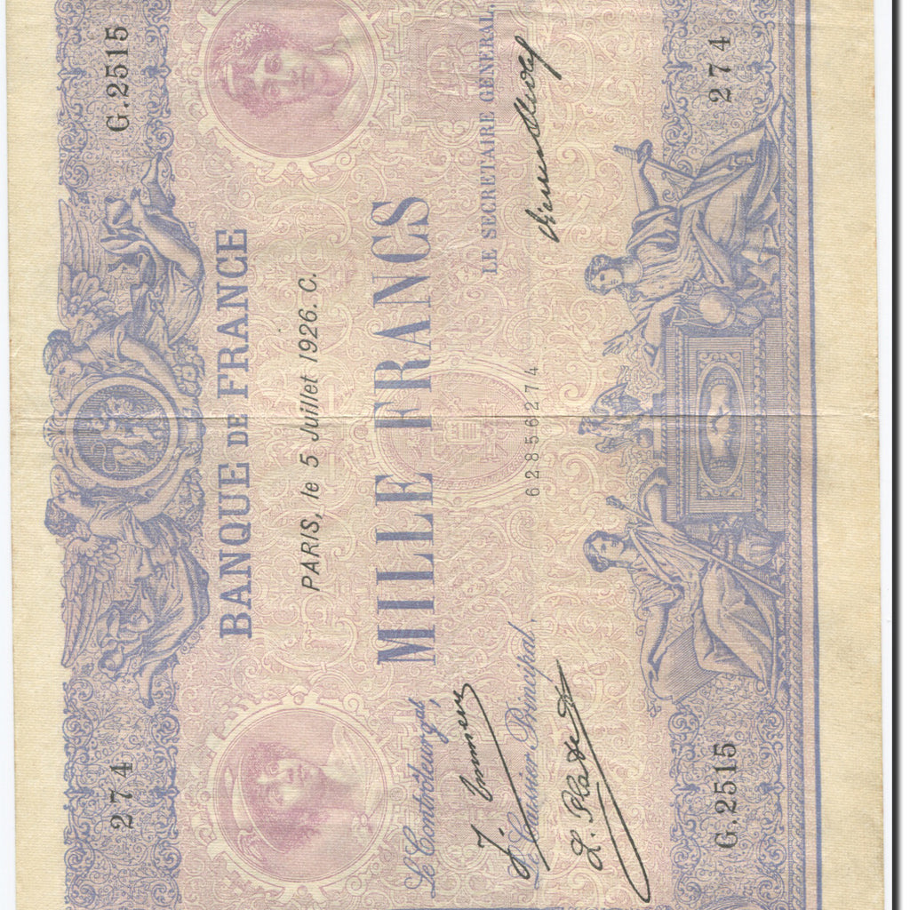 Francja, 1000 Francs, Bleu et Rose, 1889, 1926-07-06, EF(40-45), Fayette:36.43