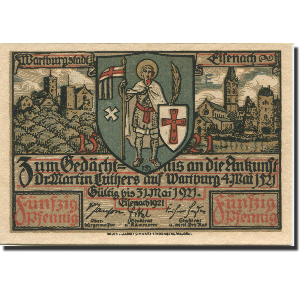 Banknote, Germany, Eisenach, 50 Pfennig, chevalier, 1921 UNC(63) Mehl:320.2a