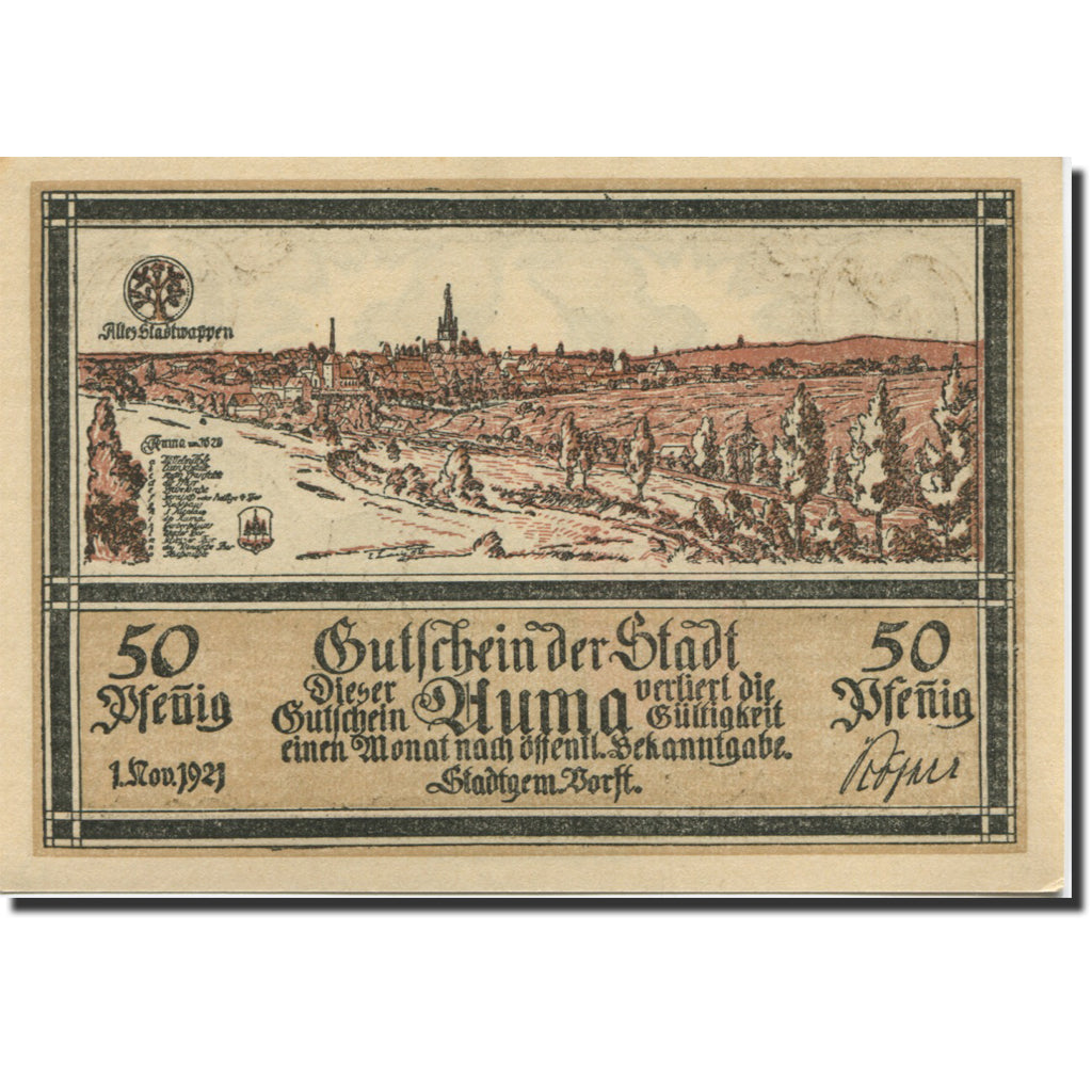 Banknote, Germany, Auma, 50 Pfennig, Blason 1921-04-01, UNC(63) Mehl:55.1