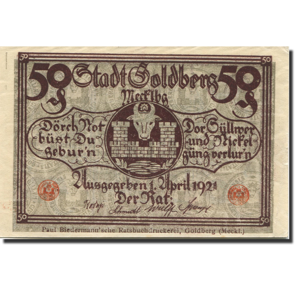 Banknote, Germany, Goldberg, 50 Pfennig, château 1921-04-01, UNC(63) Mehl:627.3