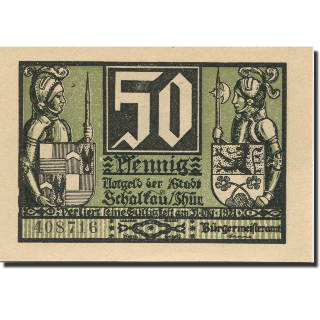 Banknote, Germany, Schaltau, 50 Pfennig, chevalier 1921 UNC(63) Mehl:1171.1