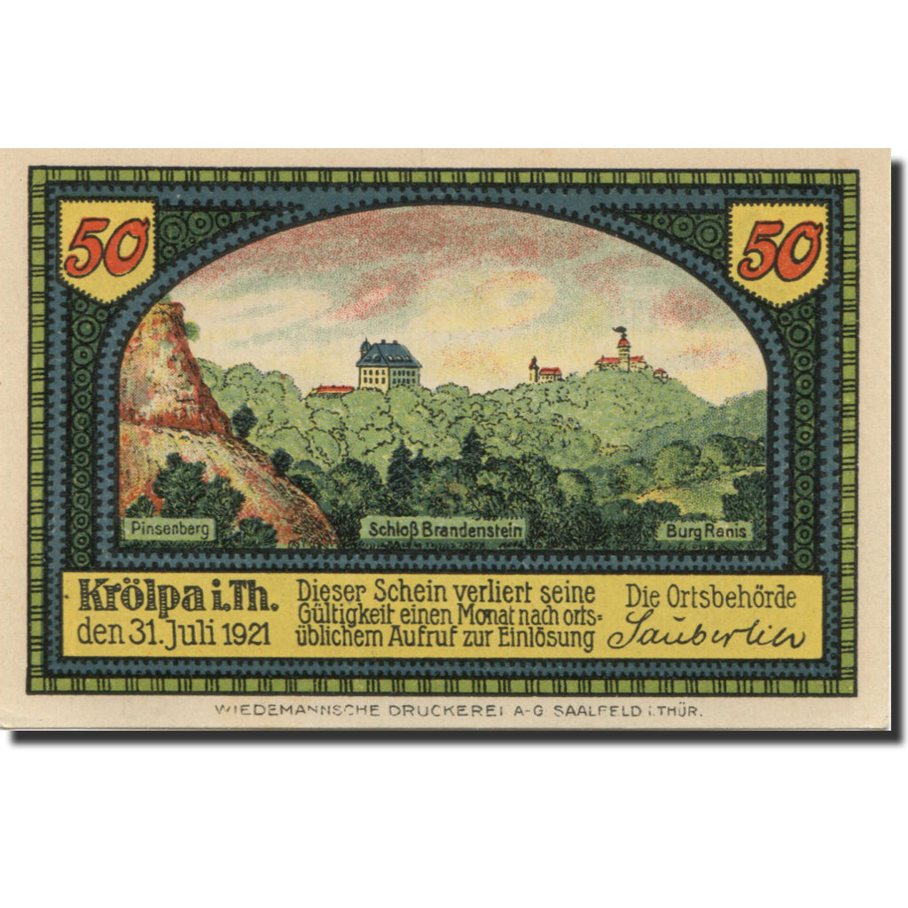 Banknote, Germany, Krölpa in Thür., 50 Pfennig, arbre, 1921 UNC(63) Mehl:745.1