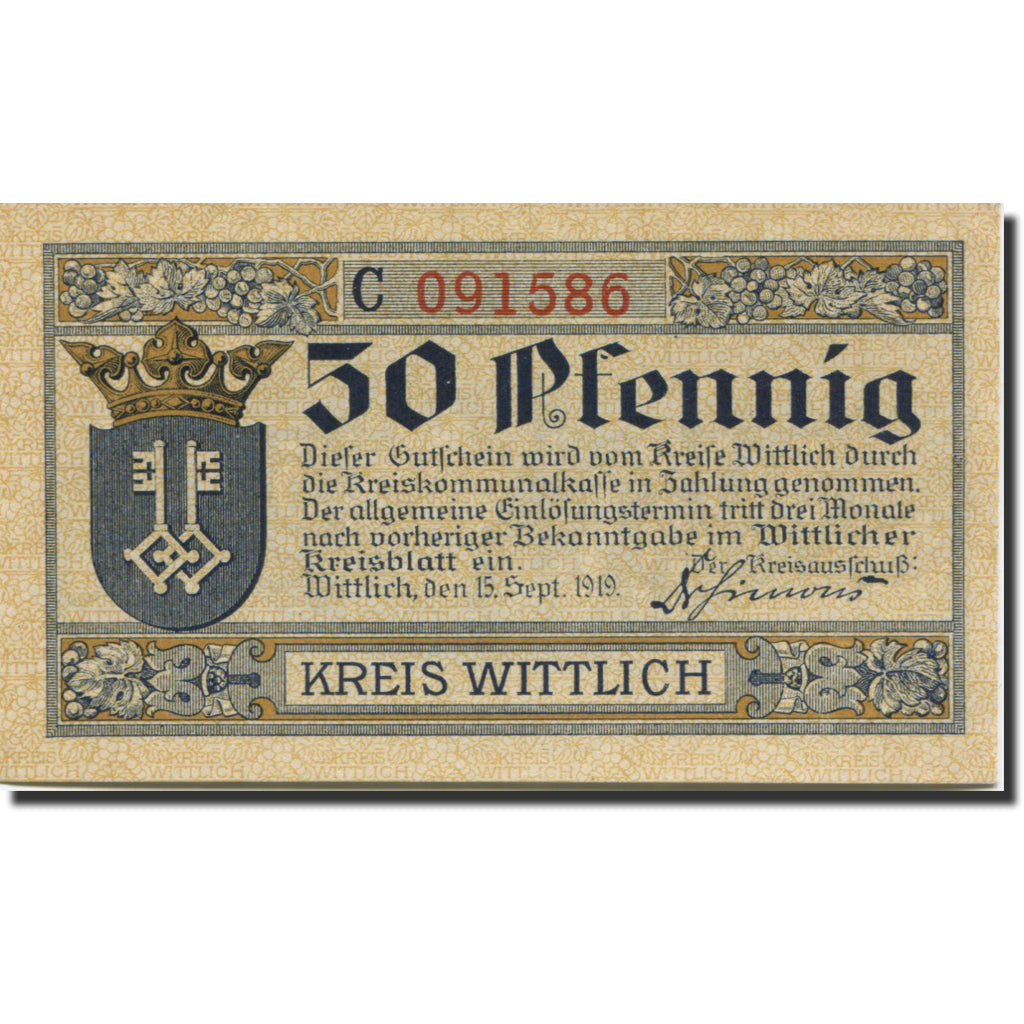 Banknote, Germany, Kreis Wittlich, 50 Pfennig, Blason, 1919 UNC(63) Mehl:W52.3b