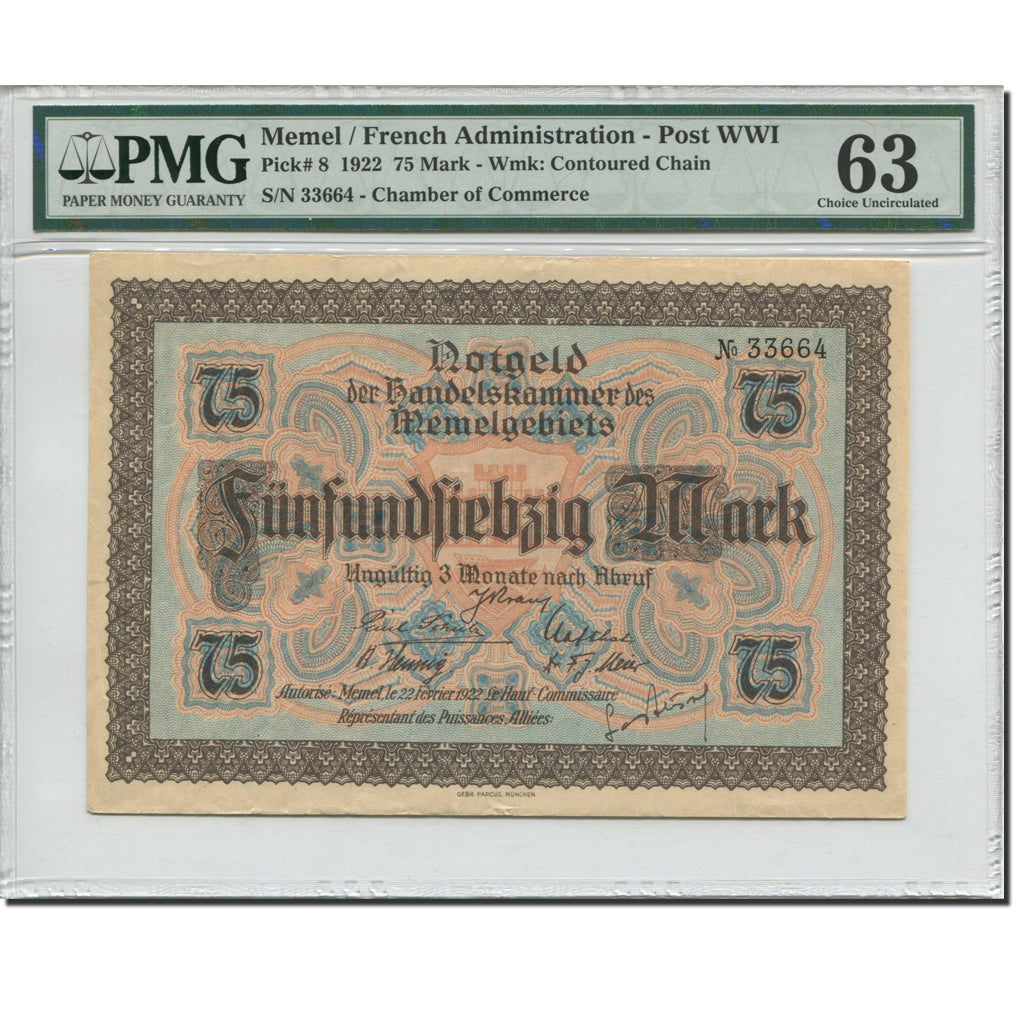 Geldschein, Memel, Memel, 75 Mark, moulin, 1922, 1922-02-22, KM:8, graded, PMG