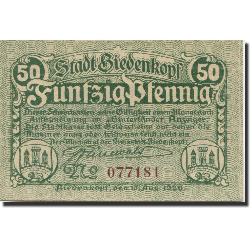 Banknote, Germany, Biedenkopf, 50 Pfennig, château, 1920 UNC(63) Mehl:B43.1c