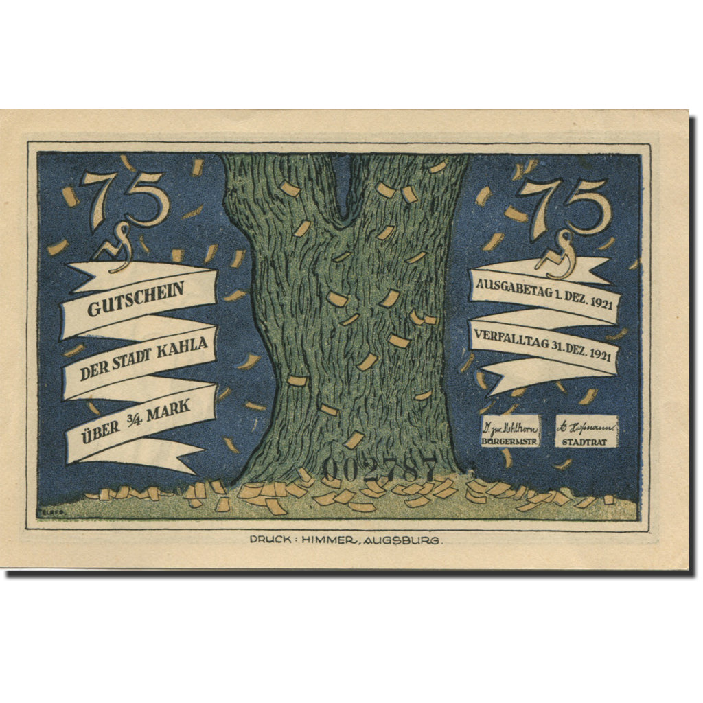 Banconote, Germania, Kahla, 75 Pfennig, arbre 1921-12-31, SPL Mehl:668.10