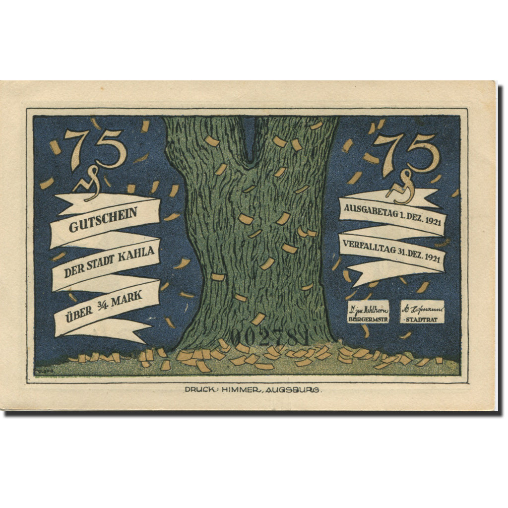 Geldschein, Deutschland, Kahla, 75 Pfennig, arbre 2, 1921, VZ Mehl:668.10