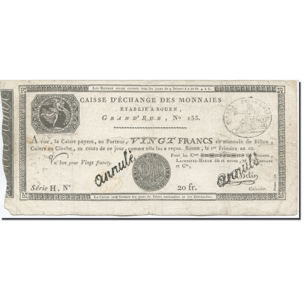 Francia, 20 Francs, An 10, Asselin, 1er Frimaire An 10, ROUEN, BC, KM:S245a