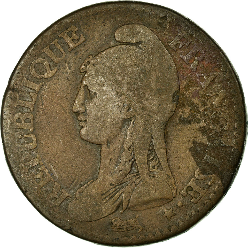 Moneta, Francia, Dupré, 2 Décimes, 1795, MB, Bronzo, KM:638.1, Gadoury:300