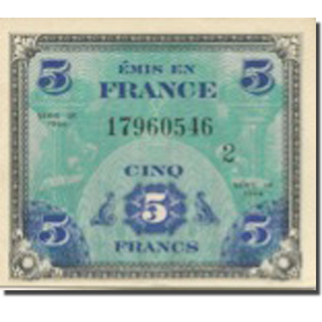 França, 5 Francs, Flag/France, 1944, 1944-06-06, AU(55-58), Fayette:VF 17.02