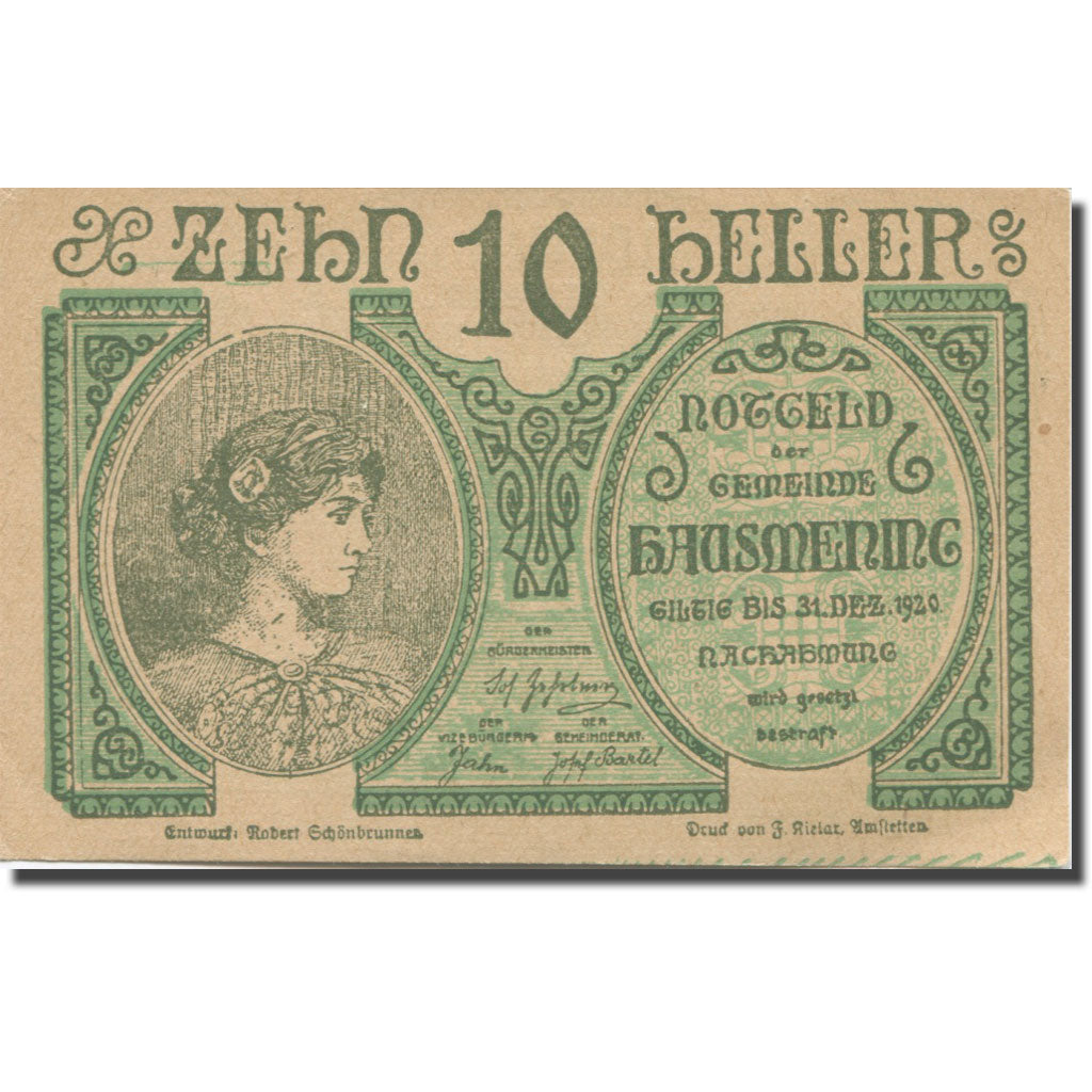 Banknote, Austria, Hausmening, 10 Heller, Blason, 1920 UNC(63) Mehl:FS 358Ia